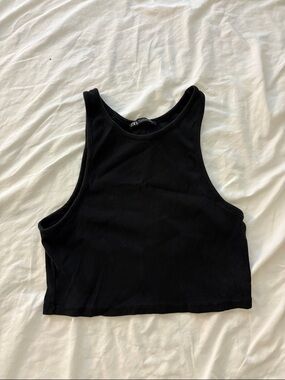 Zara Black Ribbed High-Neck Crop Top
